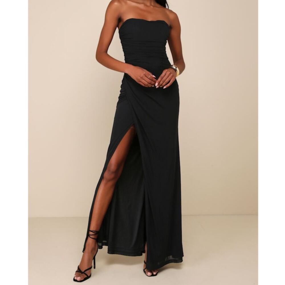 NEW Lulus Epitome of Allure Black Sheer Mesh Strapless Ruched Maxi Dress Medium